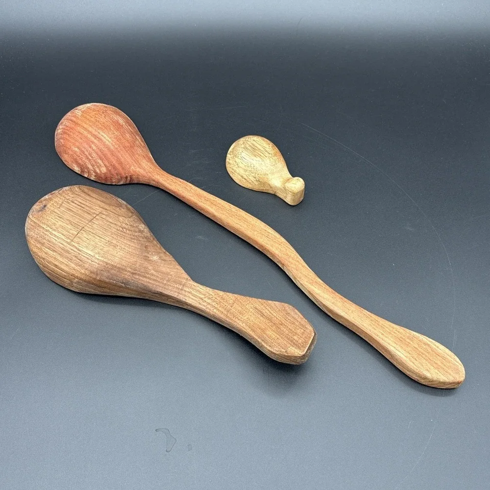 Lot of 3 Hand-Carved Artisan Wooden Spoons - Walnut, Cherry & Maple Unique